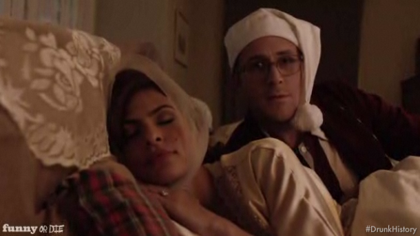 Eva Mendes & Ryan Gosling in "Drunk History Christmas"